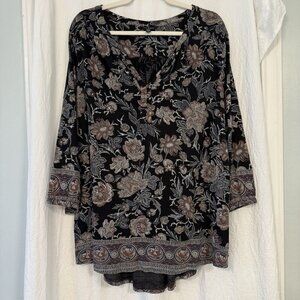 Lucky Brand Women's Plus Size 3X Top Border Paisley Print Black Front Button